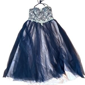 Vtg Hebeos Blue Tulle Prom Dress Embellished Corset Halter Formal‎ Gown*read*